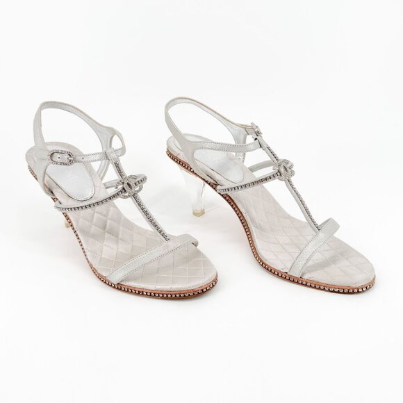 Chanel Crystal CC T-Strap Sandals EU 39.5 US 8.5-9 Silver Lucite Clear Heel